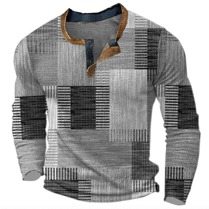 Calmsta - Heren Geometrische Patchwork Henley Shirt, Lange Mouwen, Casual Pasvorm