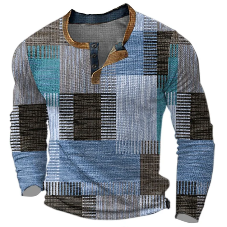 Calmsta - Heren Geometrische Patchwork Henley Shirt, Lange Mouwen, Casual Pasvorm