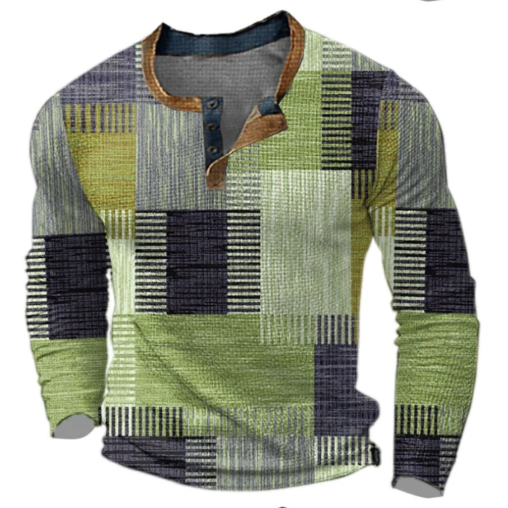 Calmsta - Heren Geometrische Patchwork Henley Shirt, Lange Mouwen, Casual Pasvorm