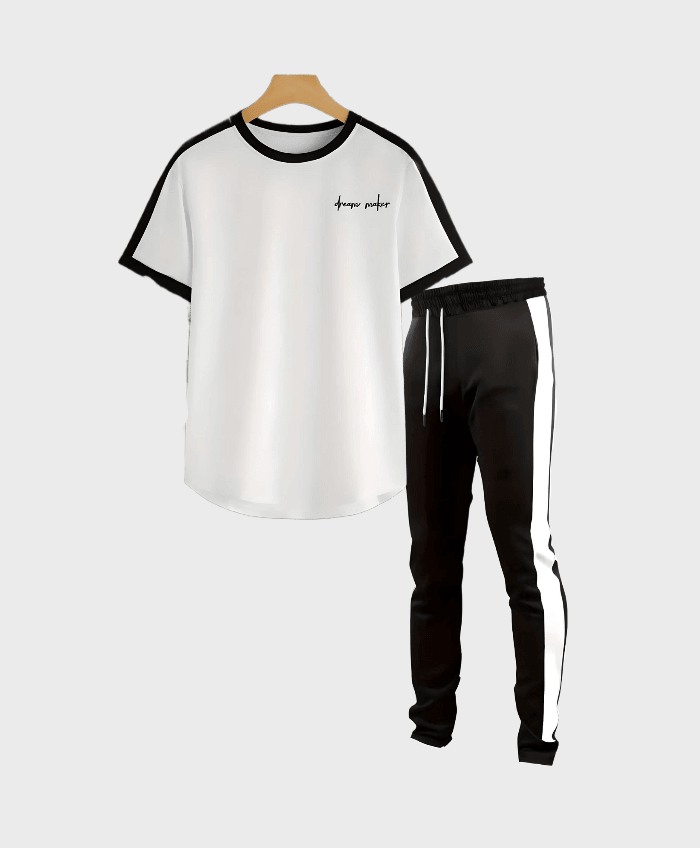 2-delige set gestreept wit t-shirt en zwarte trackpants