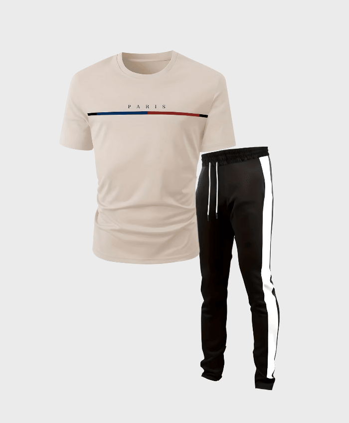 2-delige set beige t-shirt en zwarte trackpants