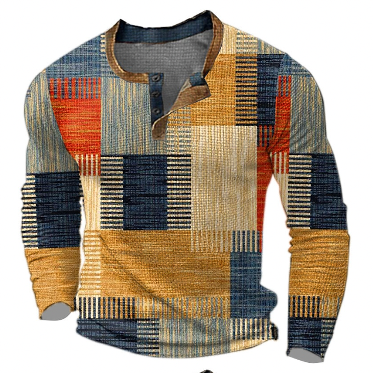 Calmsta - Heren Geometrische Patchwork Henley Shirt, Lange Mouwen, Casual Pasvorm