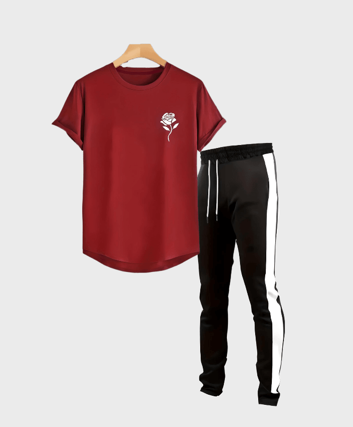 2-delige set bordeaux rood bloemen design t-shirt en zwarte trackpants