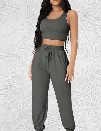 2-delige set met mouwloze crop top en losse broek met knoopsluiting