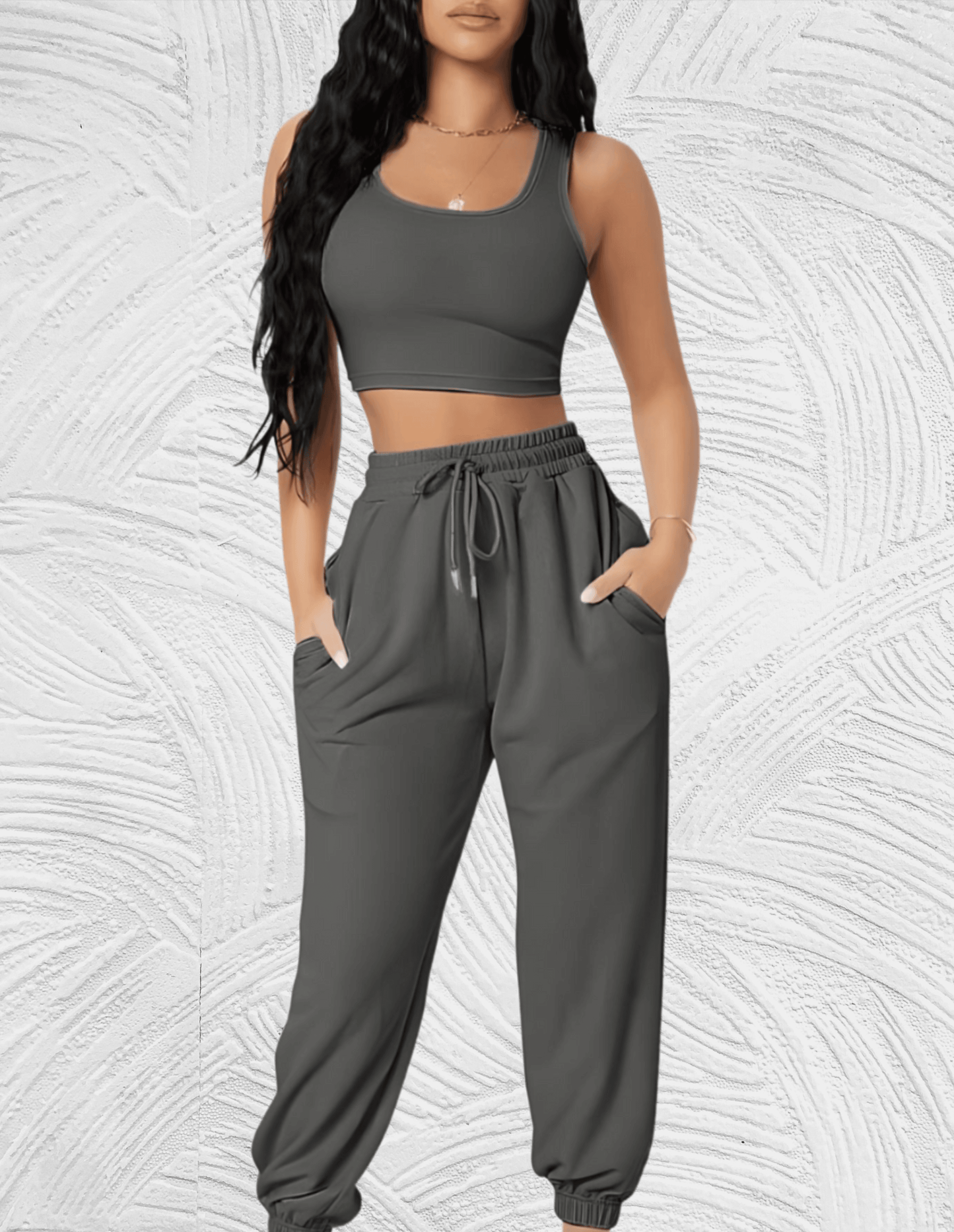 2-delige set met mouwloze crop top en losse broek met knoopsluiting