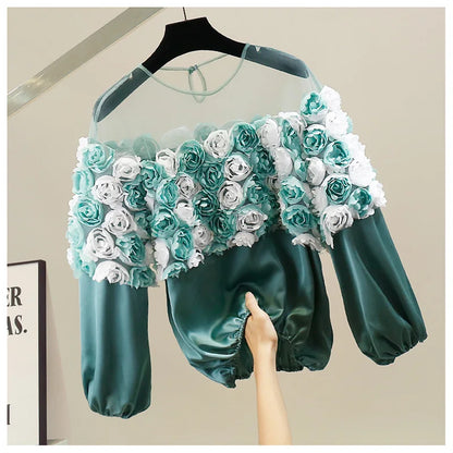 Blouse met 3D gebloemde rozen