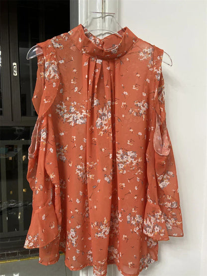 Chiffon blouse met off-the-shoulder design