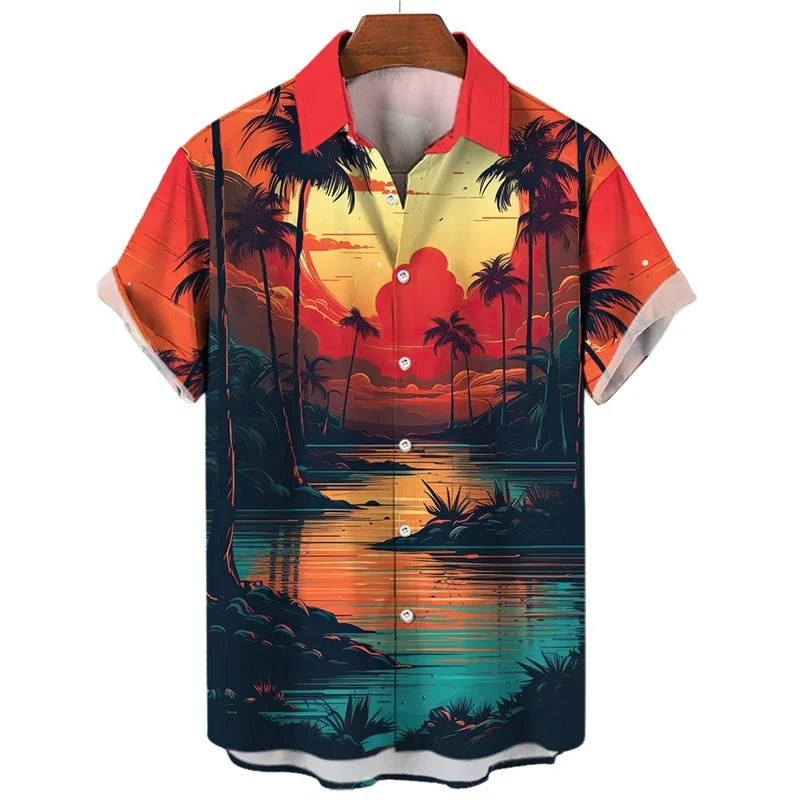 Amigo™ grafisch strand zonsondergang print Hawai overhemd