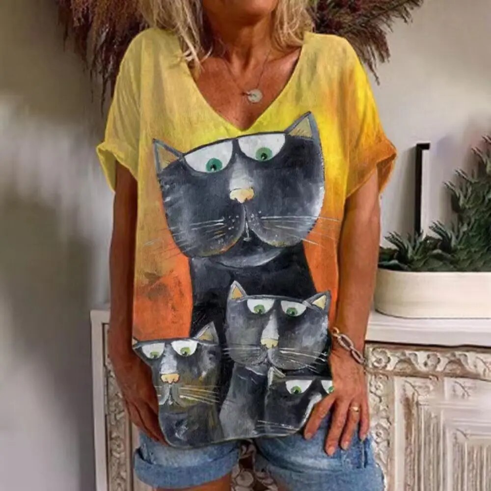 Cathrine - Dames V-hals Losjes Cat Grafisch T-shirt