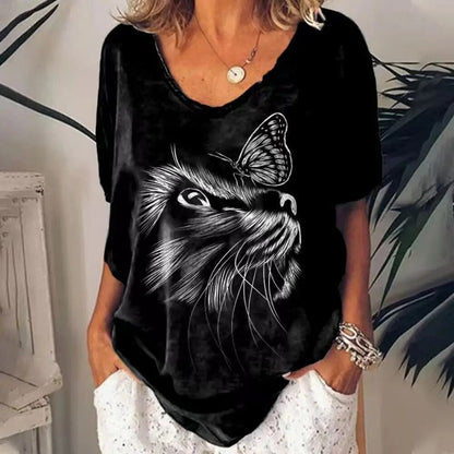 Cathrine - Dames V-hals Losjes Cat Grafisch T-shirt