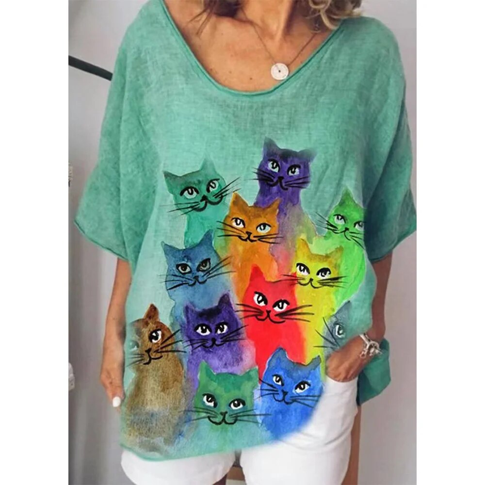 Cathrine - Dames V-hals Losjes Cat Grafisch T-shirt