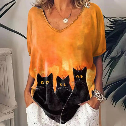 Cathrine - Dames V-hals Losjes Cat Grafisch T-shirt