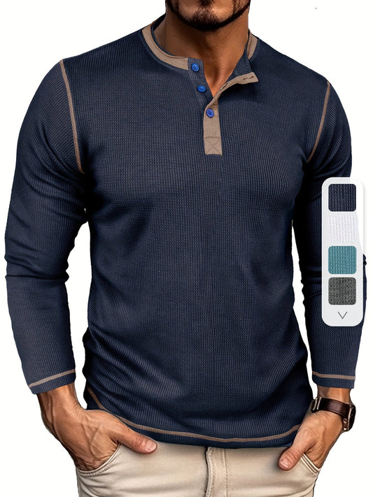 Comfort - Heren Wafelgebreide Lange Mouw Henley Shirt met Contrasterende Stiksels