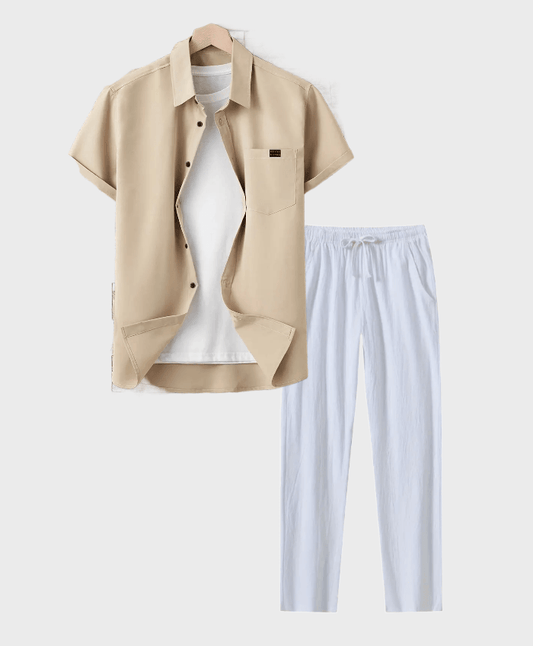 2-delige set beige blouse korte mouwen met linnen witte broek